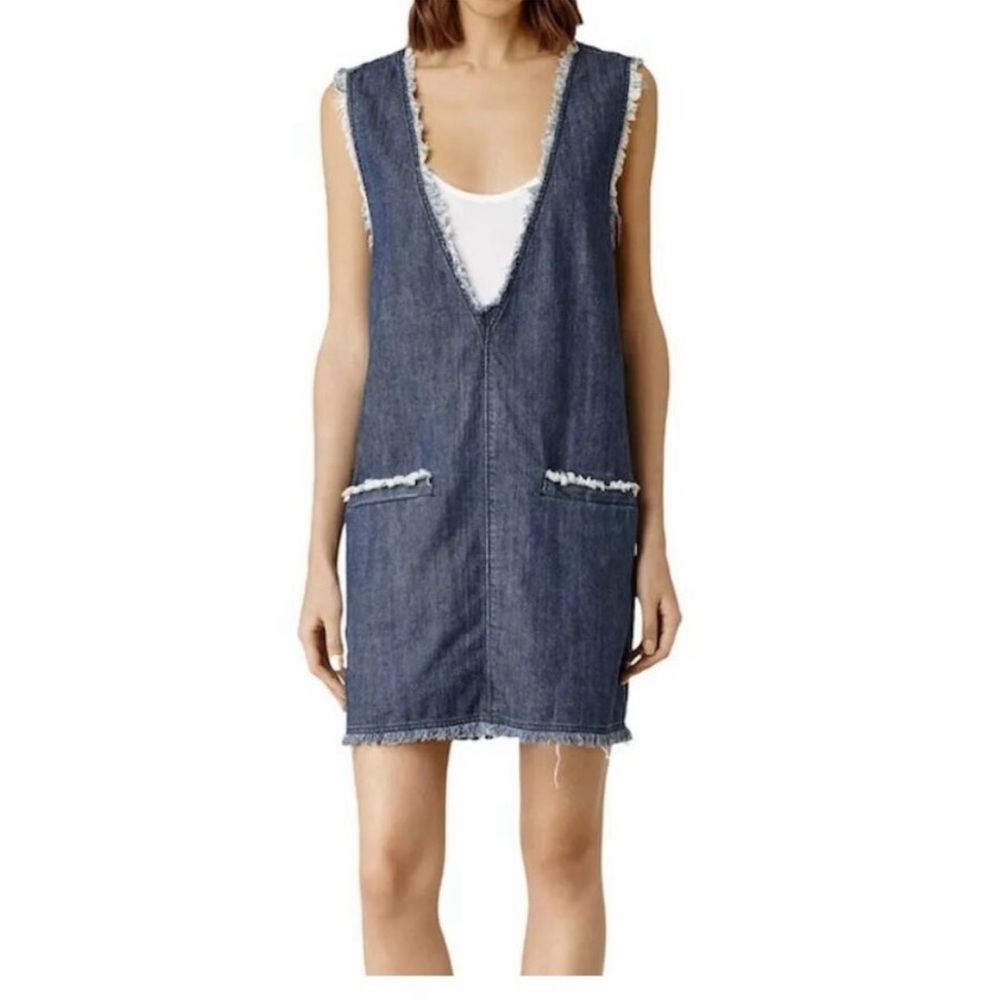 All Saints Reika Dress Womens 6 Blue Indigo Denim Jumper Sleeveless Frayed Trim